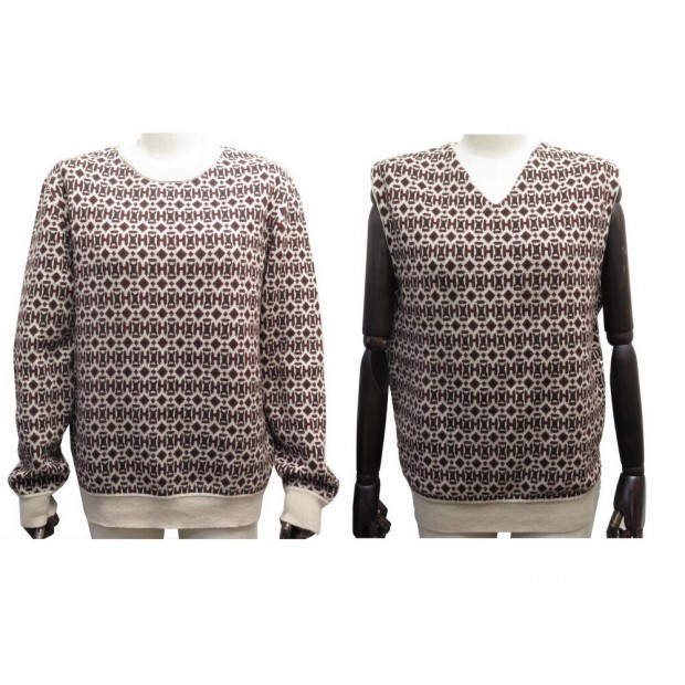 NEUF TWIN SET HERMES PULL + DEBARDEUR MOTIF H L 52 EN LAINE MARRON SWEATER TOP