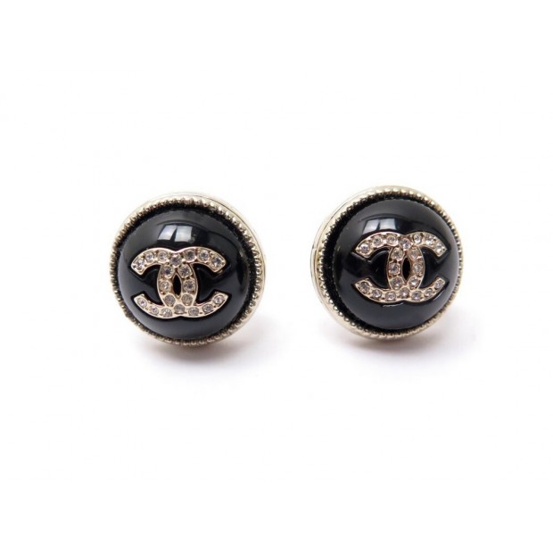 NEUF BOUCLES D'OREILLES CHANEL LOGO METAL DORE & RESINE NOIRE NEW EARRINGS 440€