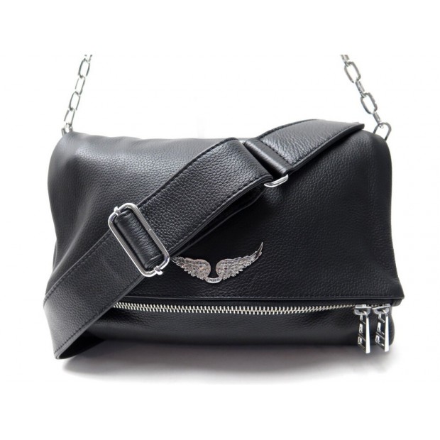 NEUF SAC A MAIN ZADIG & VOLTAIRE ROCKY PWGAB2007F CUIR NOIR BANDOULIERE BAG 395€