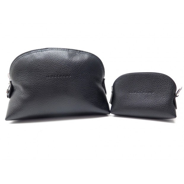 NEUF LONGCHAMP LE FOULONNE TROUSSE DE TOILETTE + PORTE MONNAIE EN CUIR NOIR 220€