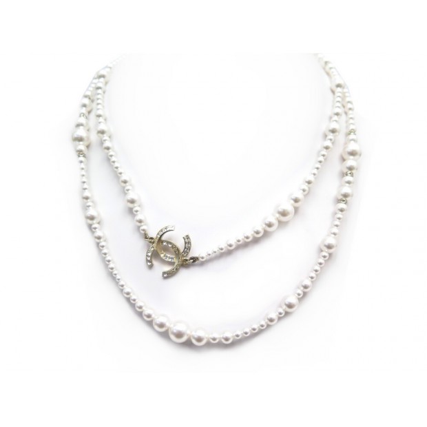 NEUF COLLIER CHANEL LOGO CC & PERLES SAUTOIR 108 EN METAL DORE NECKLACE 1290€