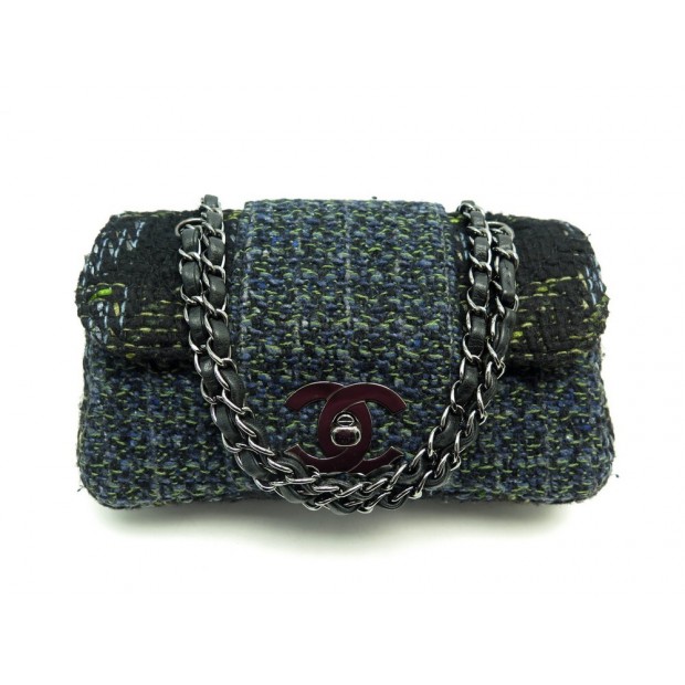 SAC A MAIN CHANEL MINI TIMELESS EN TWEED BLEU BANDOULIERE + BOITE HAND BAG 3800€