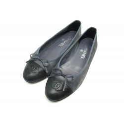 CHAUSSURES CHANEL BALLERINES LOGO CC G02819 38.5 TOILE BLEU + BOITE SHOES 690€