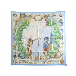 NEUF FOULARD HERMES LE CANADA OLIVIER CARRE 90 EN SOIE BLEU NEW SILK SCARF 460€