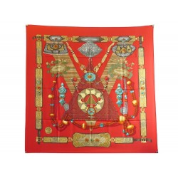 FOULARD HERMES LE TIBET CATHY LATHAM CARRE 90 EN SOIE ROUGE SILK SCARF 410€