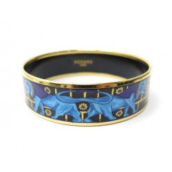 NEUF BRACELET HERMES LARGE IMPRIME LIONS 15CM EMAIL BLEU PLAQUE OR ENAMEL 505€