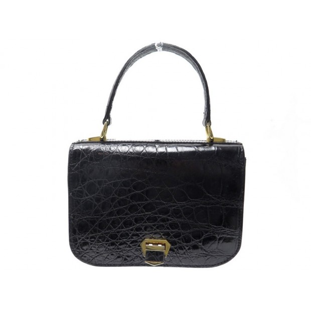 VINTAGE SAC A MAIN EN CUIR CROCODILE NOIR 21 CM BLACK LEATHER HAND BAG PURSE