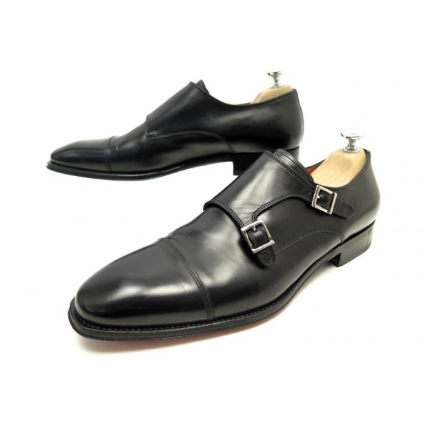 CHAUSSURES SANTONI MOCASSINS BI BOUCLE 9 IT 44 FR CUIR NOIR + EMBAUCHOIRS 780€