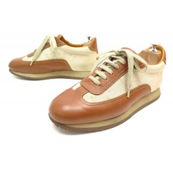 CHAUSSURES HERMES QUICK H 41.5 BASKETS CUIR ET TOILE MARRON SNEAKERS SHOES 590€