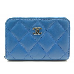 NEUF PORTE MONNAIE CHANEL ZIPPE CUIR BLEU MATELASSE BLUE LEATHER COIN PURSE 580€