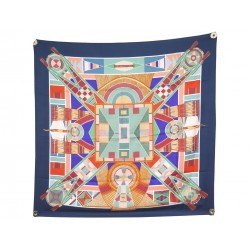 NEUF FOULARD HERMES L'ART INDIEN DES PLAINES CARRE 90 SOIE BLEU NEW SILK SCARF