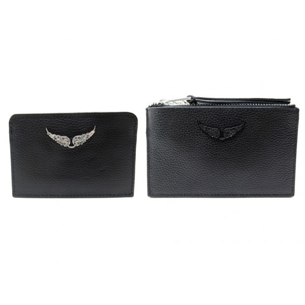 LOT ZADIG & VOLTAIRE Z PASS PORTE CARTE + POCHETTE CLE EN CUIR NOIR NEW 155€