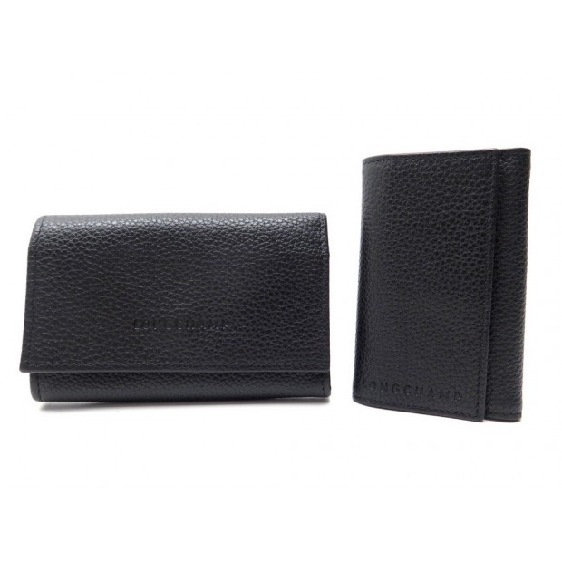 NEUF LOT PORTE MONNAIE LONGCHAMP LE FOULONNE + ETUI CLE EN CUIR NOIR WALLET 150€