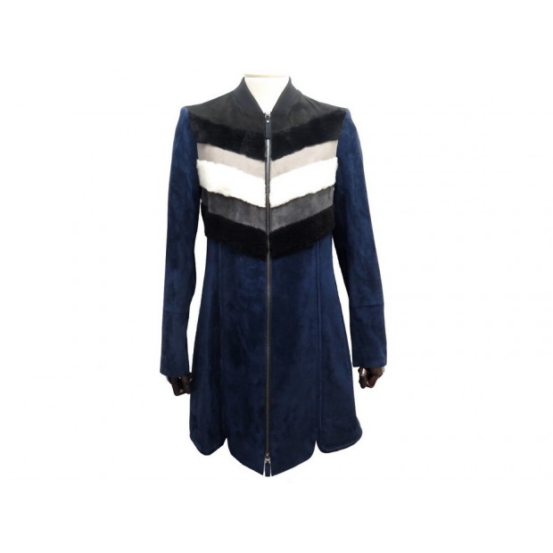 MANTEAU LONG LONGCHAMP M 38 EN CUIR AGNEAU SUEDE BLEU MARINE LEATHER COAT 1900€