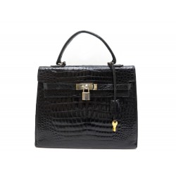 VINTAGE SAC A MAIN TYPE KELLY EN CUIR DE CROCODILE NOIR BLACK LEATHER HANDBAG