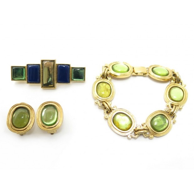 VINTAGE BRACELET + BROCHE + BOUCLES D'OREILLES YVES SAINT LAURENT GOOSENS DORE