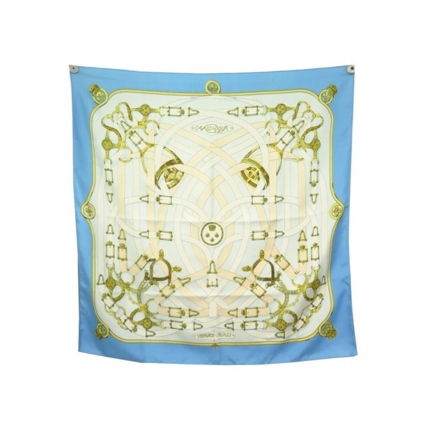 FOULARD HERMES CAVALCADOUR HENRI D ORIGNY CARRE 90 EN SOIE BLEU SILK SCARF 410€