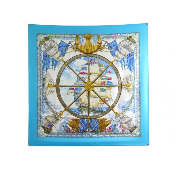 NEUF FOULARD HERMES VIVE LE VENT CARRE 90 THIOUNE EN SOIE BLEUE SILK SCARF 410€