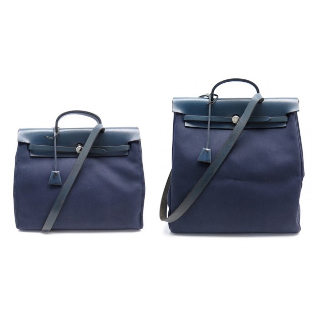 SAC A MAIN HERMES CABAS HERBAG 38 TOILE & CUIR BLEU MARINE VOYAGE HAND BAG 1770€