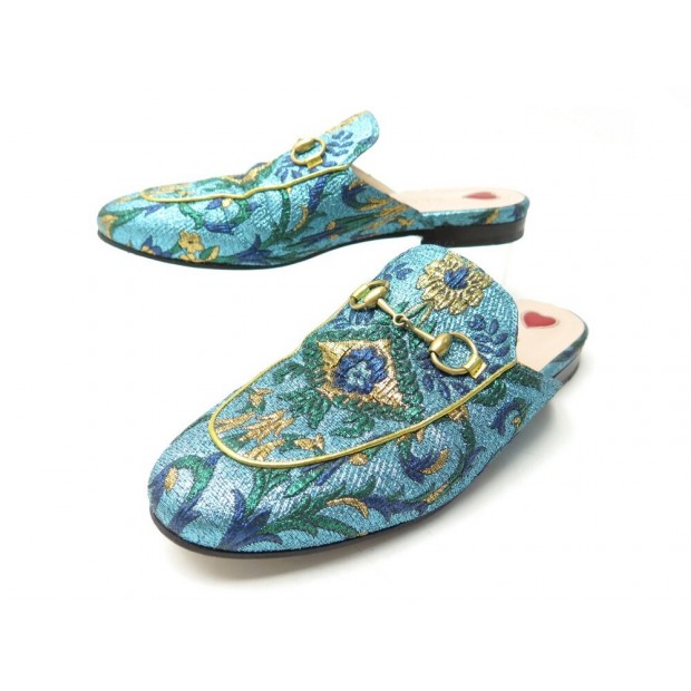 CHAUSSURES GUCCI MULES PRINCETOWN 472640 36.5 TOILE TURQUOISE BOITE SHOES 590€
