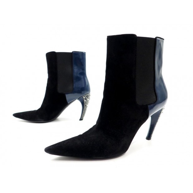 CHAUSSURES LOUIS VUITTON BOTTINES 39.5 LOW BOOTS DAIM NOIR CUIR BLEU + SAC 950€