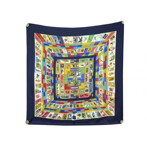 FOULARD HERMES CORRESPONDANCE CATHY LATHAM CARRE 90 EN SOIE BLEU SILK SCARF 410€