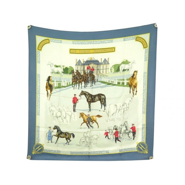 FOULARD HERMES LES HARAS NATIONAUX CARRE 90 WATRIGANT SOIE BLEU SILK SCARF 410€