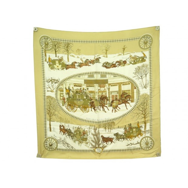 FOULARD HERMES L'HIVER EN POSTE LEDOUX CARRE 90CM EN SOIE BEIGE SILK SCARF 410€