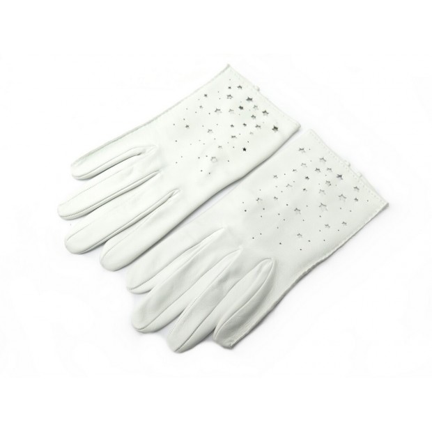 NEUF GANTS HERMES ETOILES T7 EN CUIR AGNEAU BLANC BOITE NEW LEATHER GLOVES 595€