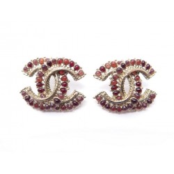 BOUCLES D'OREILLES CHANEL LOGO CC PARIS DALLAS 14 PIERRES BORDEAUX EARRINGS 460€