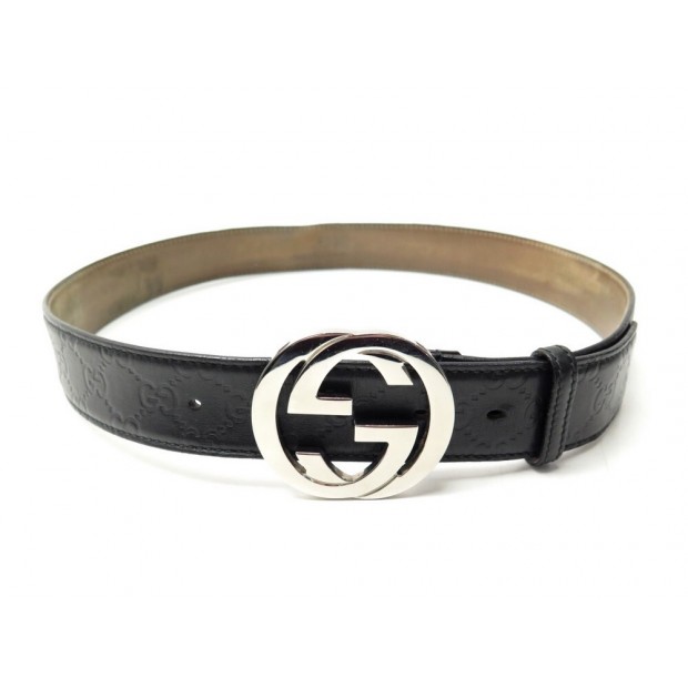 CEINTURE GUCCI TOILE SIGNATURE BOUCLE GG 114984 T 90 CUIR NOIR LEATHER BELT 400€