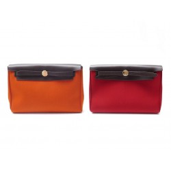 SAC A MAIN HERMES POCHETTE MINI HERBAG 24CM CUIR 2 TOILES ROUGE ORANGE POUCH