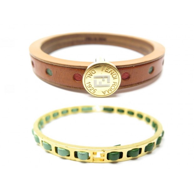 LOT DEUX BRACELETS FENDI 17 CM METAL DORE BOIS & CUIR MARRON WOOD BANGLE 575€