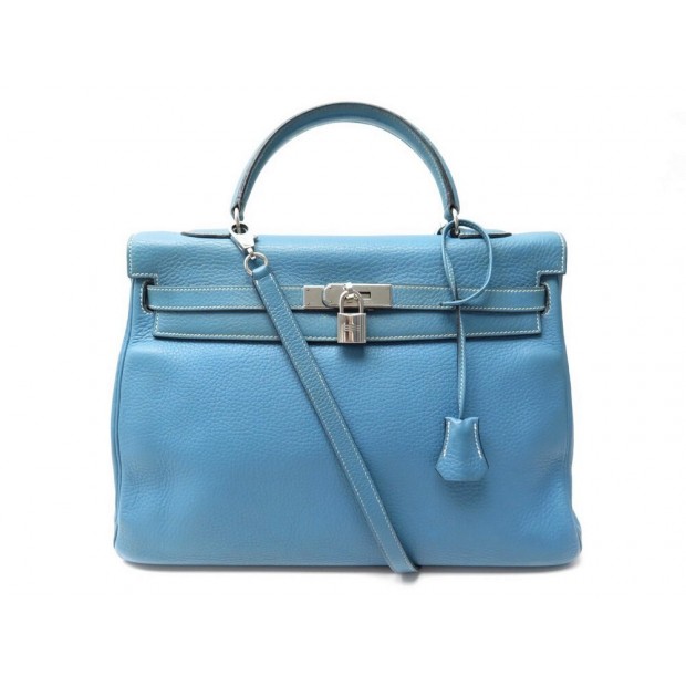 SAC A MAIN HERMES KELLY 35 RETOURNE EN CUIR TOGO BLEU JEAN BANDOULIERE HAND BAG