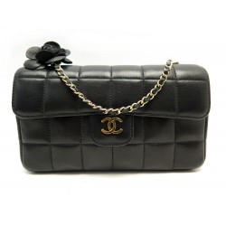 SAC A MAIN CHANEL MINI TIMELESS EN CUIR NOIR CHOCOLATE BAR CAMELIA CLUTCH BAG