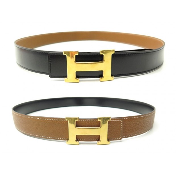 CEINTURE HERMES BOUCLE H DORE LIEN 95 REVERSIBLE CUIR BOX NOIR & TOGO BELT 710€