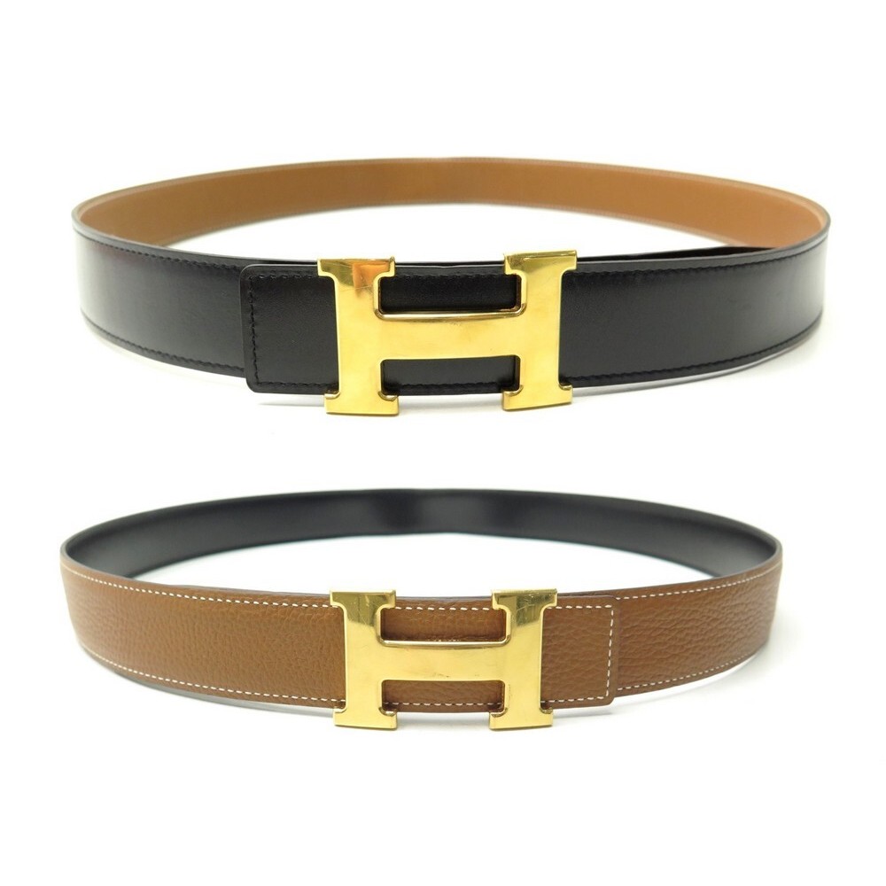 Hermes Gold/Black Togo and Box Leather H D'Ancre Reversible Belt 95CM Hermes