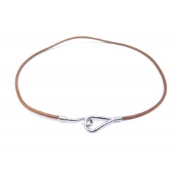 NEUF COLLIER HERMES JUMBO CUIR MARRON & ACIER PALLADIE BRACELET TRIPLE TOUR 270€