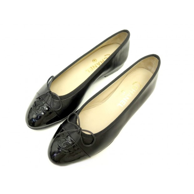 NEUF CHAUSSURES CHANEL BALLERINES LOGO CC A02819 37.5 CUIR NOIR BLACK SHOES 750€