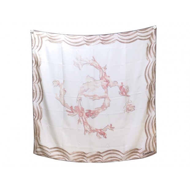 FOULARD CHANEL LOGO CC EN SOIE BLANCHE CARRE CHALE 130CM SILK SHAWL SCARF 510€