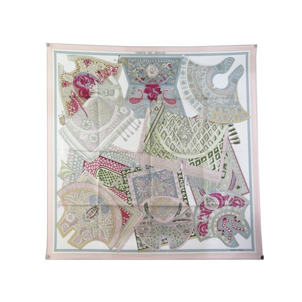 NEUF FOULARD HERMES TAPIS DE SELLE CARRE ROSE SOIE ANNIE FAIVRE SILK SCARF 410€