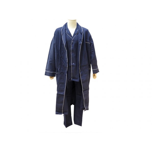 NEUF KIT DE VOYAGE HERMES PYJAMA + ROBE DE CHAMBRE XXL 56 LIN COTON BLEU MARINE