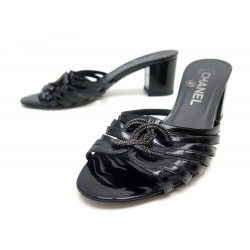 CHAUSSURES CHANEL SANDALES MULES A TALONS 36 LOGO CC CUIR VERNIS NOIR SHOES 990€