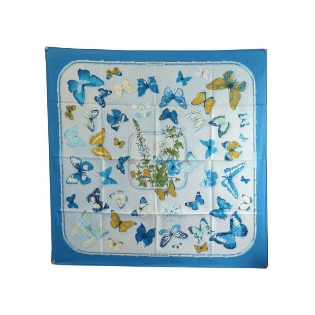 NEUF FOULARD HERMES FARANDOLE PAR CATY LATHAM EN SOIE BLEU NEW SILK SCARF 410€