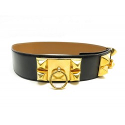 CEINTURE HERMES MEDOR COLLIER DE CHIEN T75 CUIR NOIR & DORE LEATHER BELT 1380€