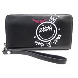 NEUF PORTEFEUILLE ZADIG VOLTAIRE COMPAGNON GOOD VIBES CUIR NOIR NEW WALLET 195€
