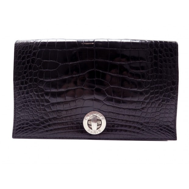 SAC POCHETTE A MAIN CELINE EN CUIR FACON CROCODILE NOIR LEATHER POUCH CLUTCH