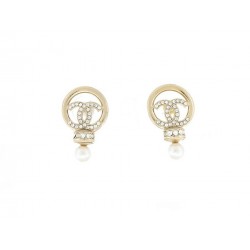 NEUF BOUCLES D'OREILLES CHANEL LOGO CC PERLES METAL DORE & STRASS EARRINGS 490€