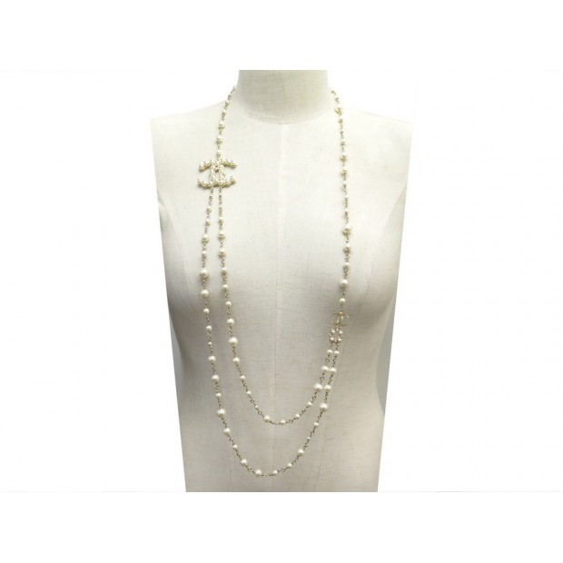 NEUF COLLIER CHANEL SAUTOIR LOGO CC & PERLES DORE + BOITE PEARLS NECKLACE 1540€