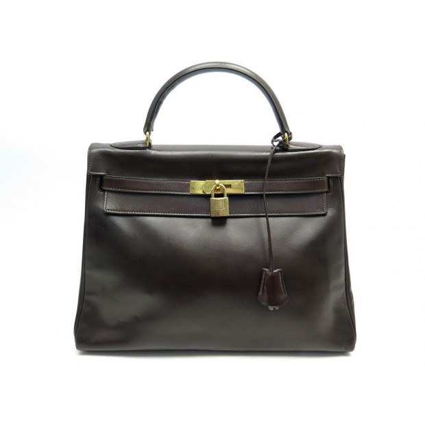 VINTAGE SAC A MAIN HERMES KELLY 32 EN CUIR BOX MARRON RETOURNE HAND BAG 7500€